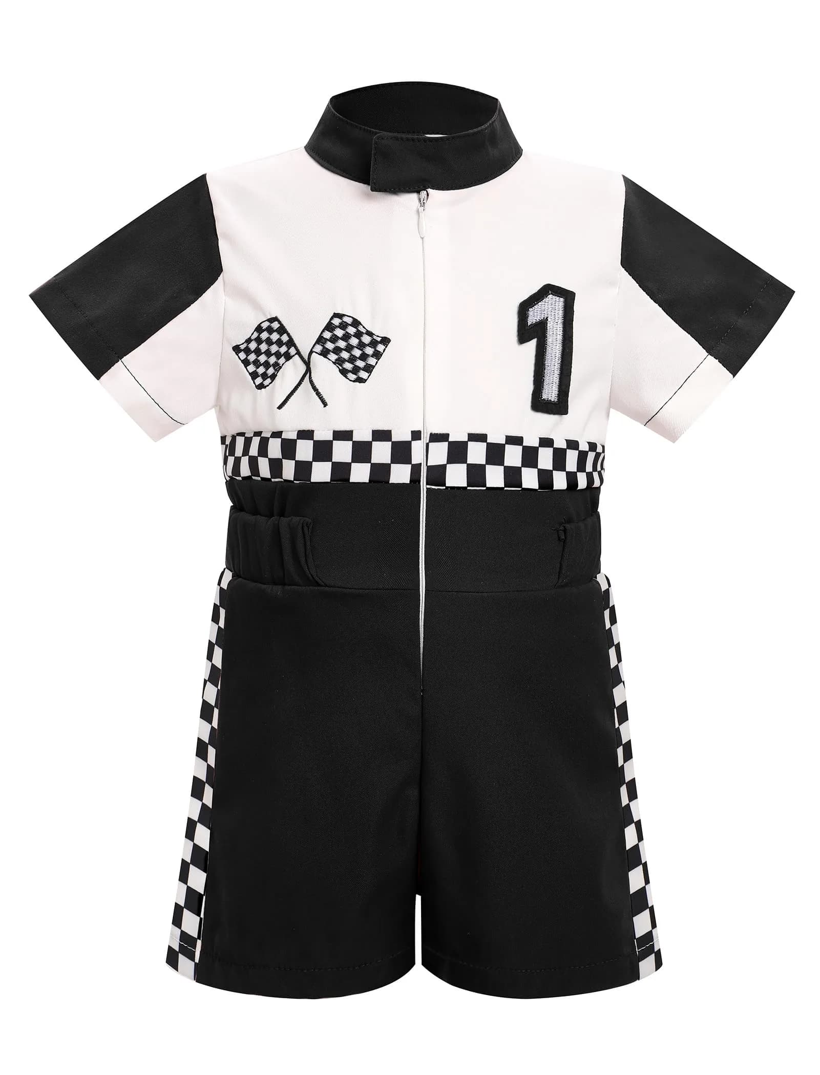 IWEMEK Baby Boy Race Car Driver Outfit 1st Birthday Romper | White-1Y (9-12 Months) — Black-1y / 9-12 Months