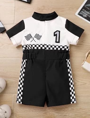 IWEMEK Baby Boy Race Car Driver Outfit 1st Birthday Party Fast One Birthday Outfit Kids Race Car Driver Romper Girls Boys Racer Jumpsuit Toddler Speed Racing Suit Black 9-12 Months thumbnail 2