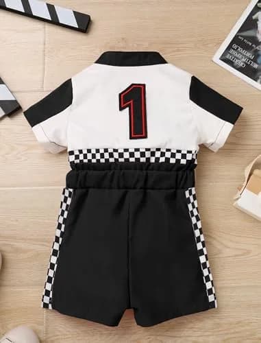 IWEMEK Baby Boy Race Car Driver Outfit 1st Birthday Party Fast One Birthday Outfit Kids Race Car Driver Romper Girls Boys Racer Jumpsuit Toddler Speed Racing Suit Black 9-12 Months thumbnail 3