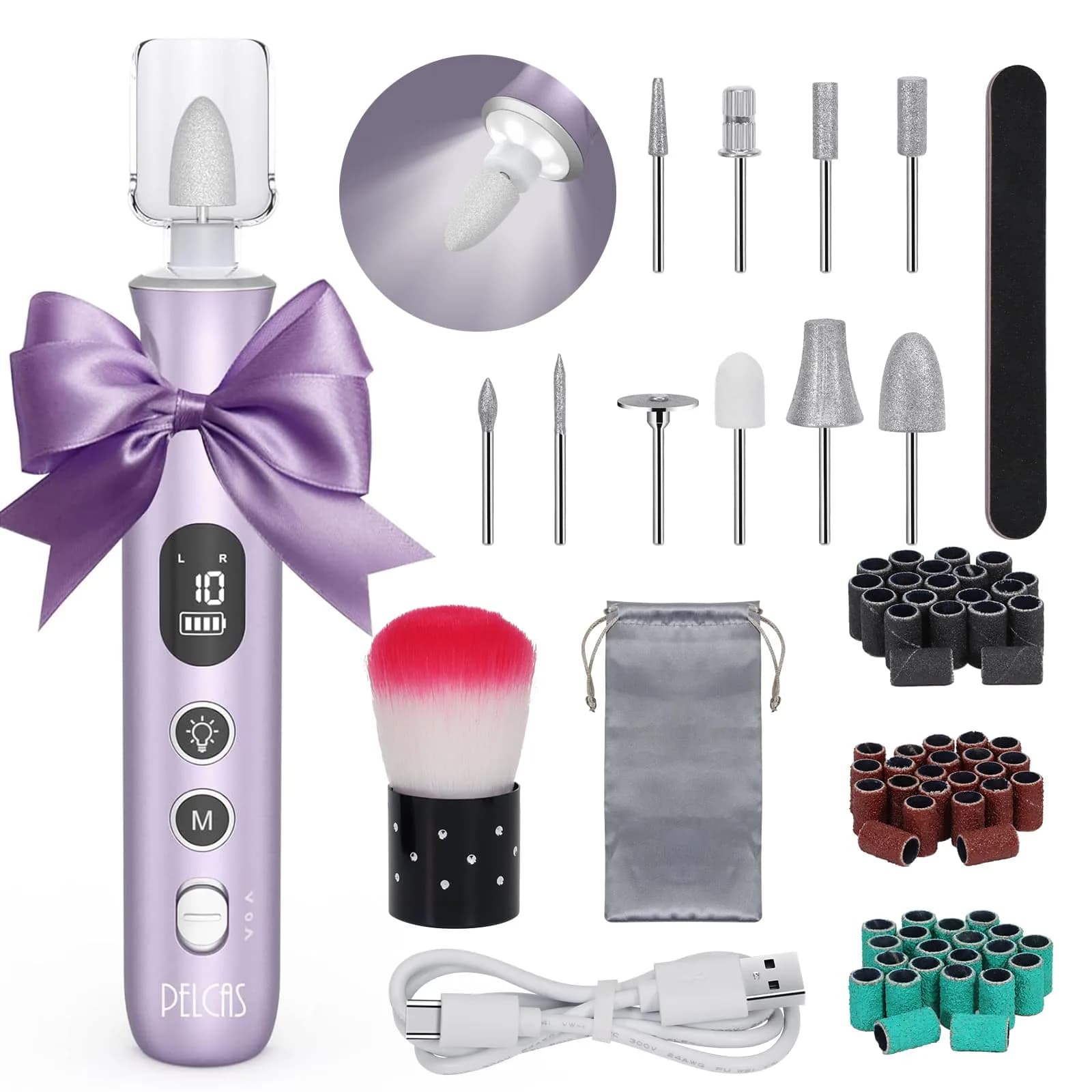 PELCAS Cordless Electric Nail Drill 6.5" x 1" | 10-Speed Portable Manicure & Pedicure Tool with LED Light — Purple