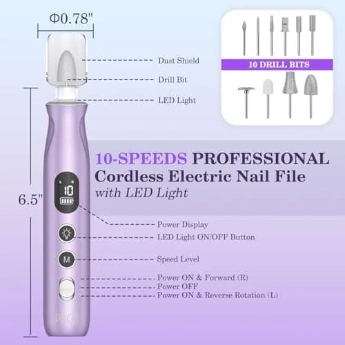PELCAS Cordless Electric Nail Drill Purple 16.51cm (6.5") | 10-Speed Portable Manicure & Pedicure Kit with LED Light thumbnail 5