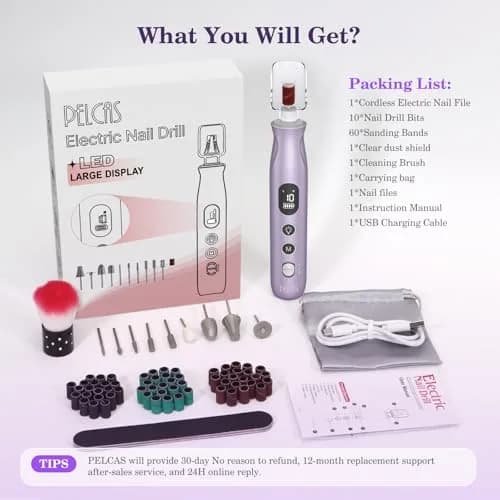 PELCAS Cordless Electric Nail Drill Purple 16.51cm (6.5") | 10-Speed Portable Manicure & Pedicure Kit with LED Light thumbnail 7