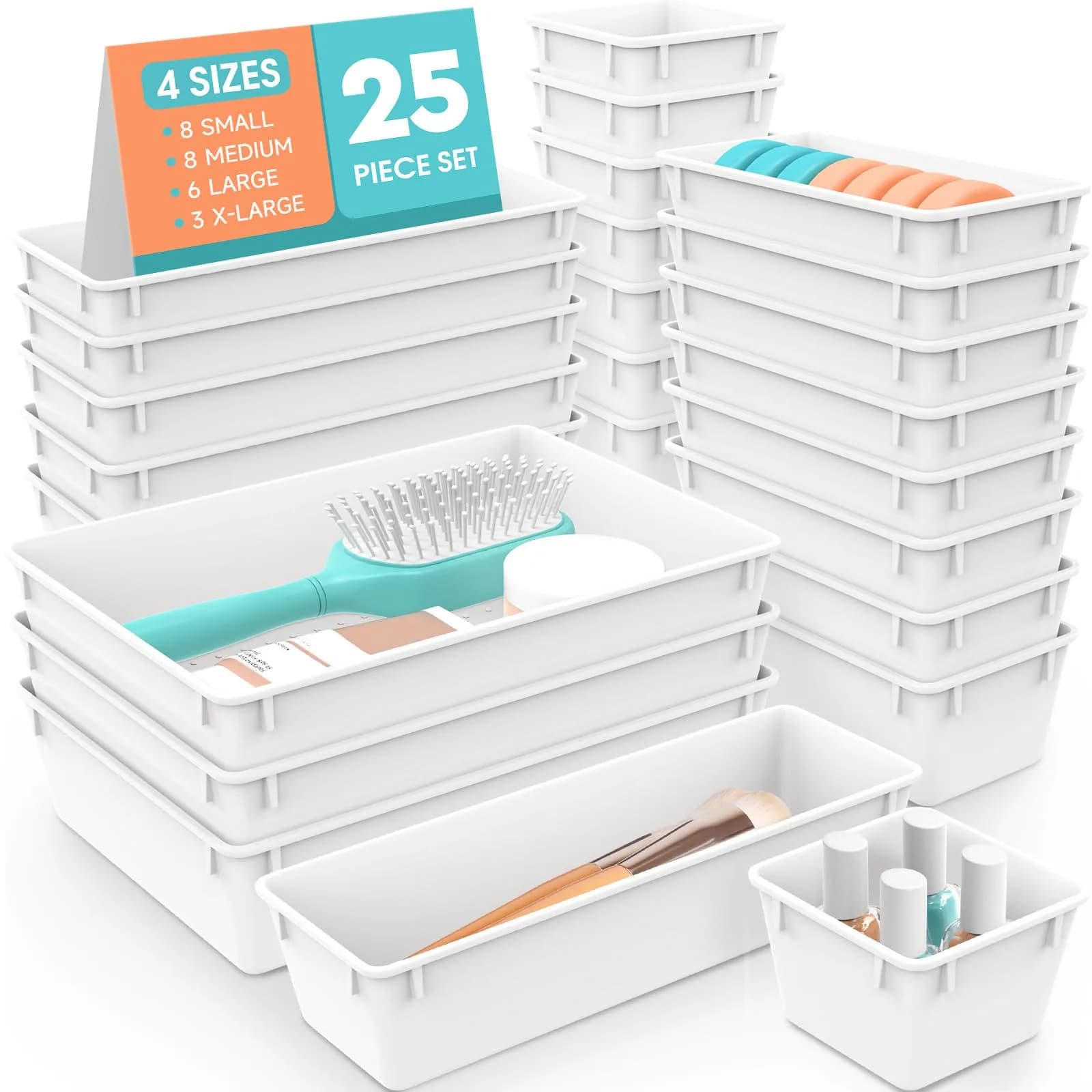 WOWBOX 25 PCS Plastic Drawer Organizer Set, Black | 4 Sizes for Makeup, Office Supplies, Crafts — White