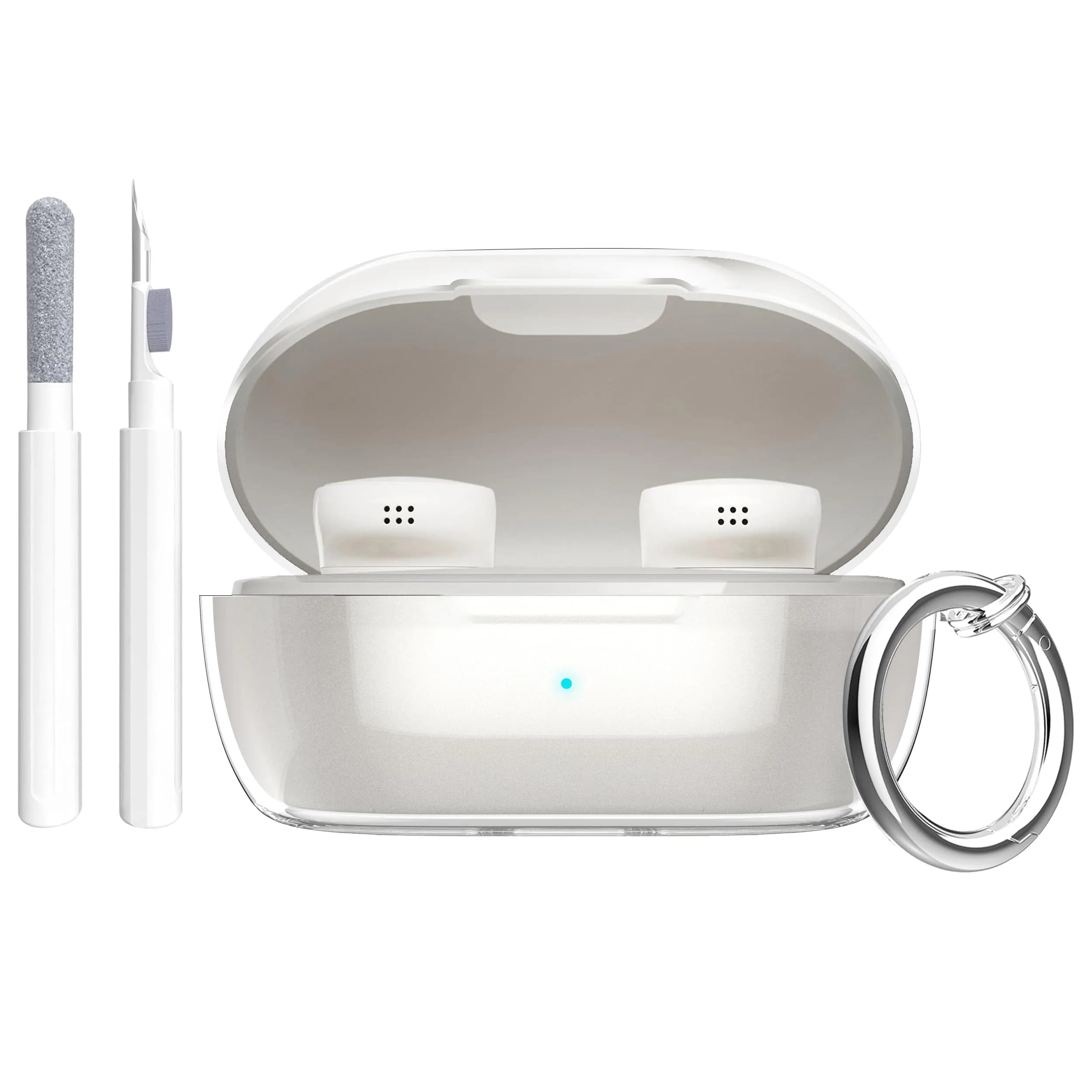 Aircawin Clear Case for Bose QuietComfort Earbuds II / Ultra (2022-2025 Models) | Hingeless TPU Protective Cover with Carabiner & Cleaning Pen — Clear