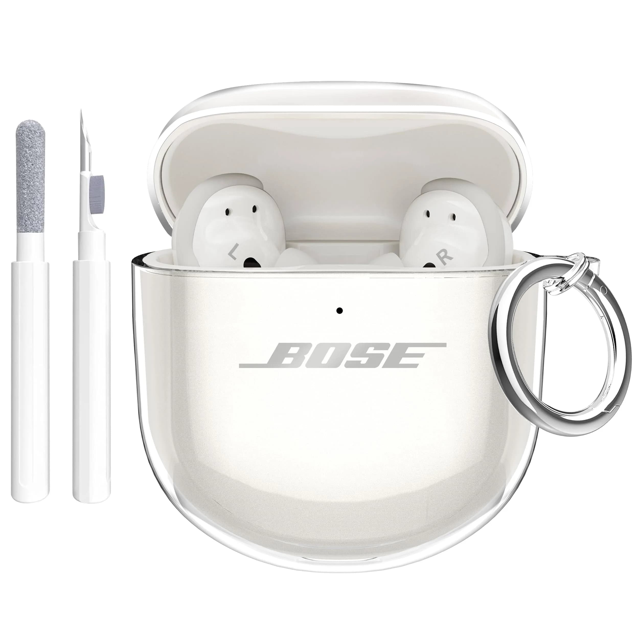 Aircawin Clear Case for Bose QuietComfort Earbuds II / Ultra (2022-2025 Models) | Hingeless TPU Protective Cover with Carabiner & Cleaning Pen — Transparent