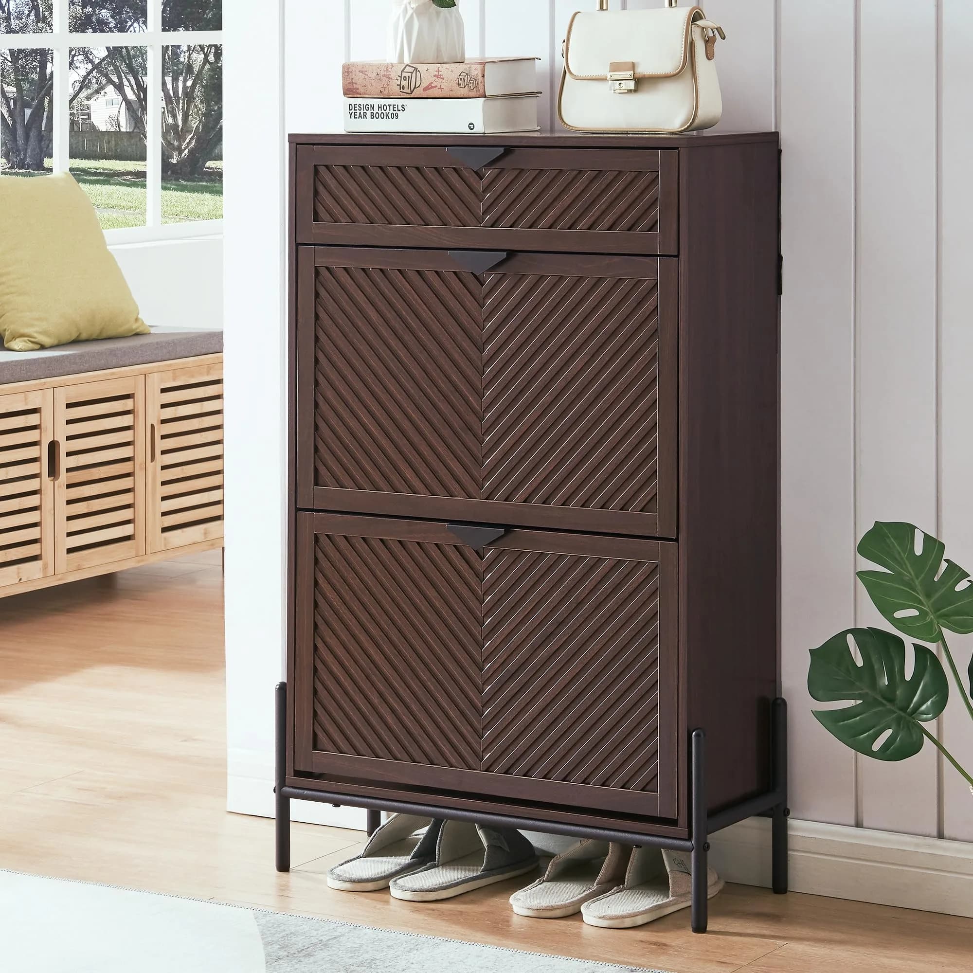 VIPLUMI Shoe Cabinet with 2 Flip Drawers | Narrow Entryway Rack in Black — Brown / Medium