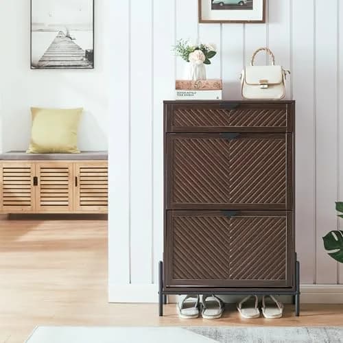 VIPLUMI Shoe Cabinet with 2 Flip Drawers | Narrow Entryway Storage in Brown thumbnail 4