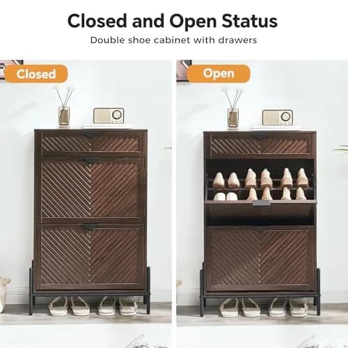 VIPLUMI Shoe Cabinet with 2 Flip Drawers | Narrow Entryway Storage in Brown thumbnail 6