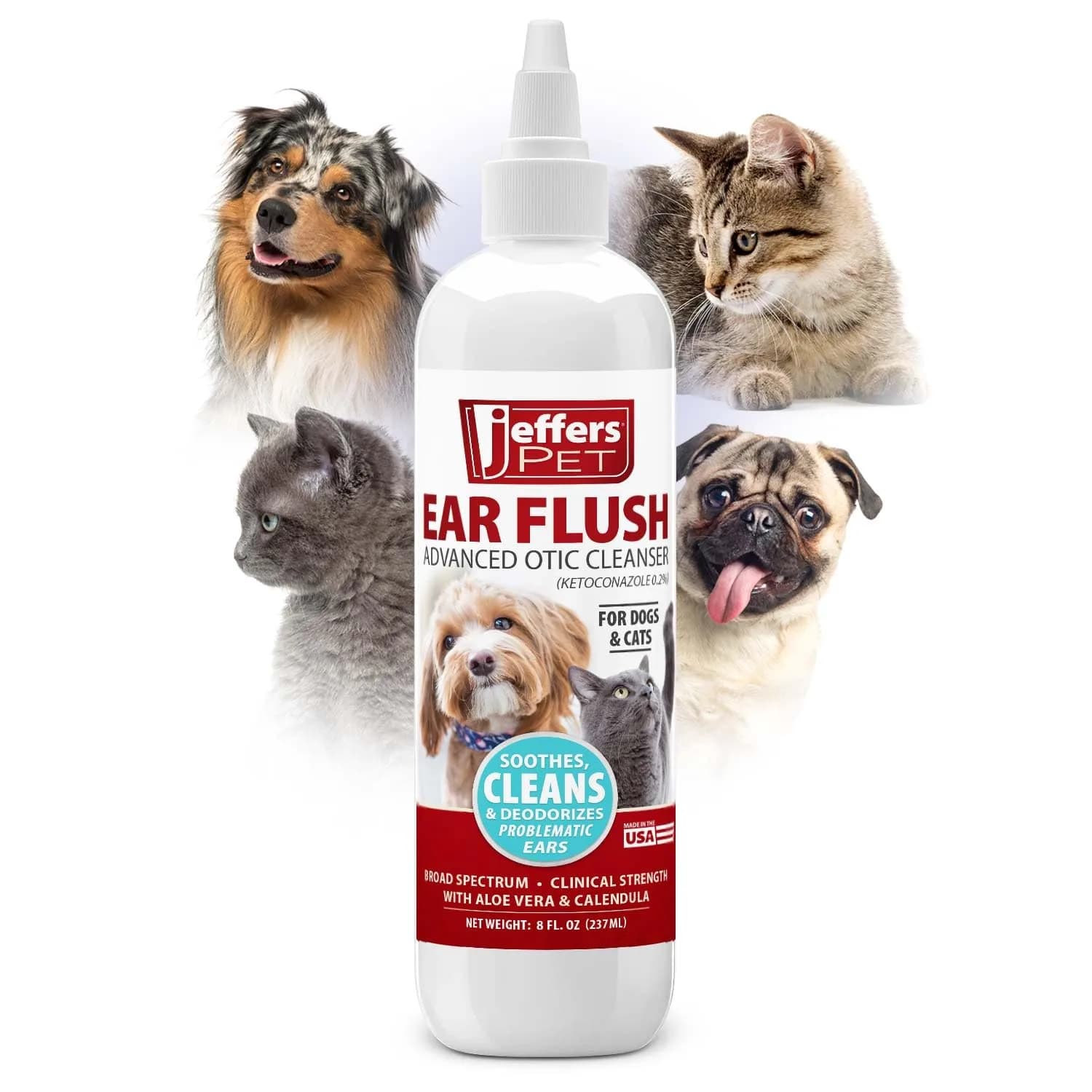 Jeffers Ear Flush for Dogs, Cats & Puppies 8 oz | Gentle Ear Cleaning Solution with Ketoconazole - main product image