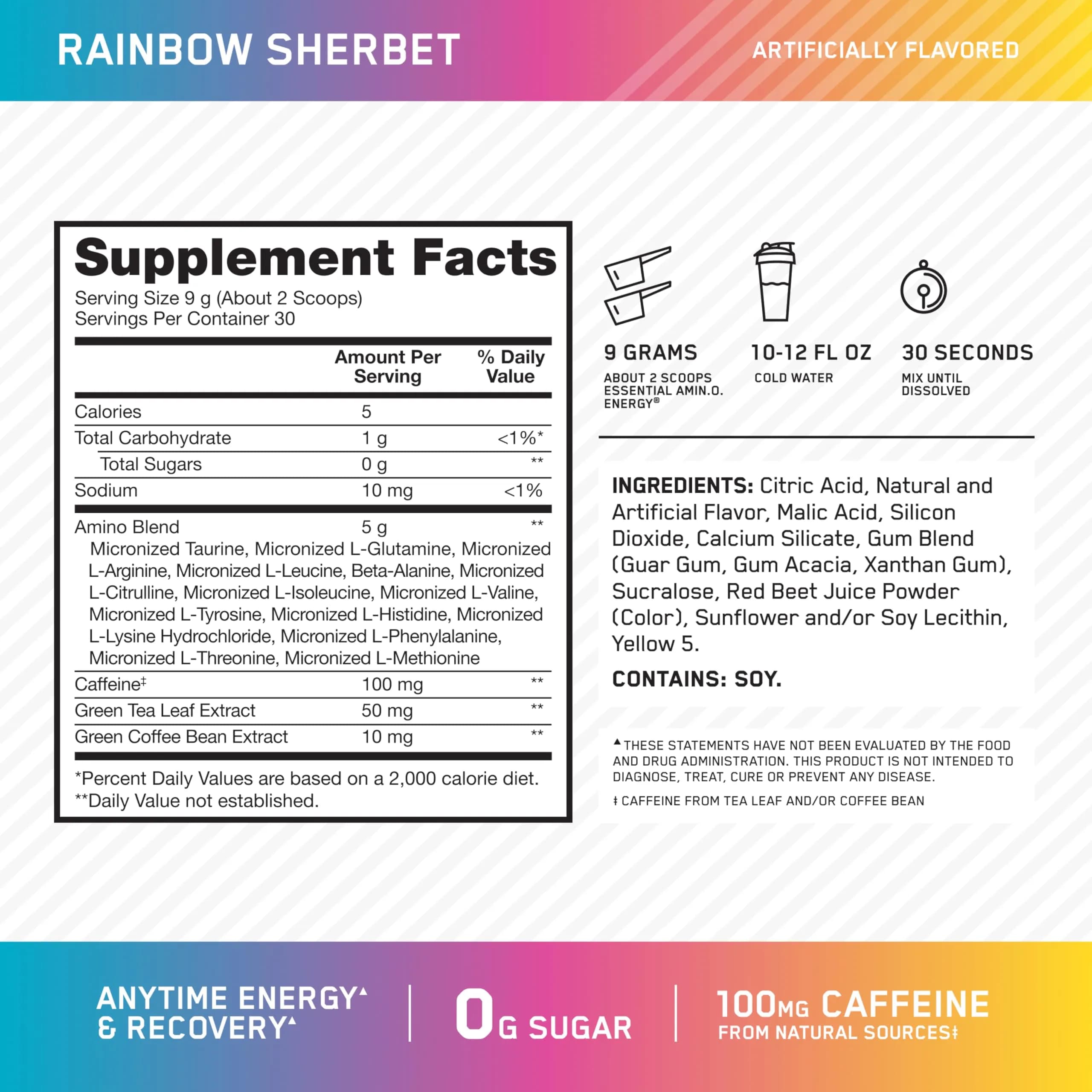 Optimum Nutrition Amino Energy Rainbow Sherbet Pre Workout Powder, 30 Servings | BCAA Amino Acids for Energy & Focus thumbnail 2