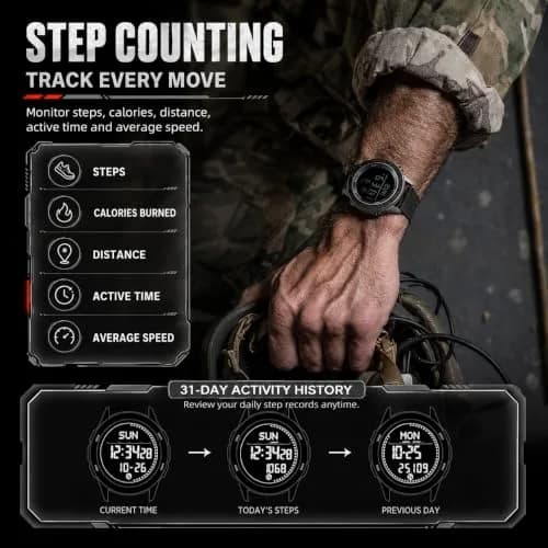 NORTH EDGE TANK3 Men’s Digital Sports Watch, Tactical Military Watch with Compass, Pedometer, Stopwatch, EL Backlight, 50M Water Resistant thumbnail 5