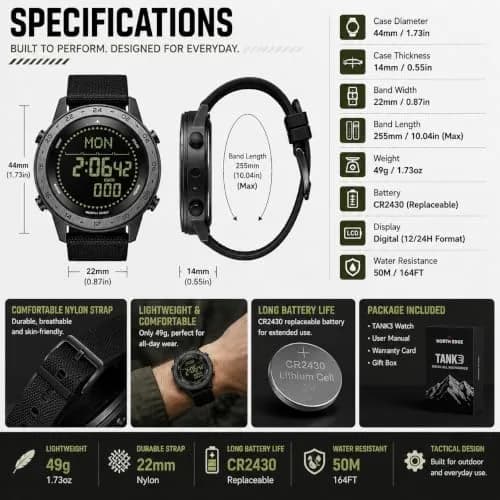 NORTH EDGE TANK3 Men’s Digital Sports Watch, Tactical Military Watch with Compass, Pedometer, Stopwatch, EL Backlight, 50M Water Resistant thumbnail 7