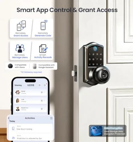 Veise VE018 Smart Door Knob Handle Lock with Fingerprint Keypad, Matte Black, 1-Pack thumbnail 3