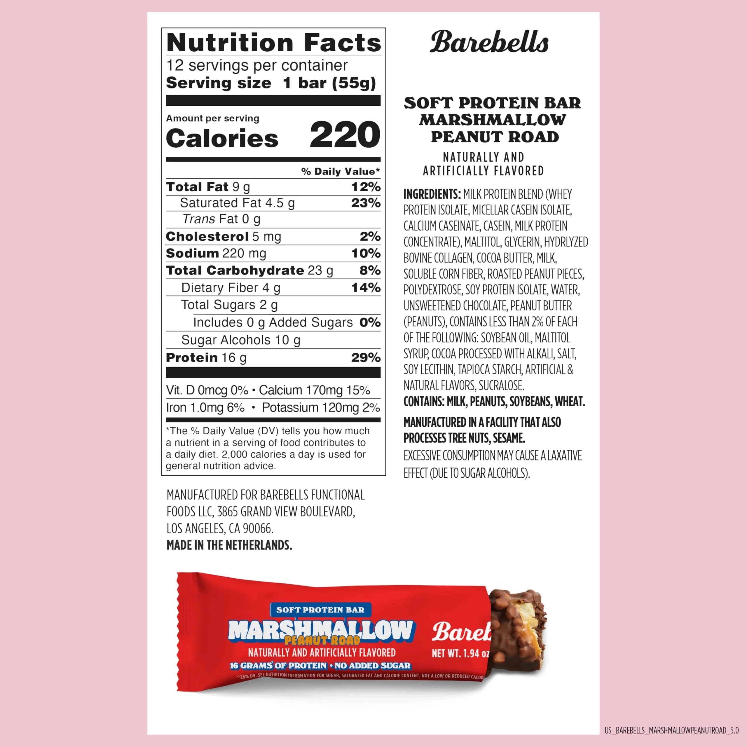 BAREBELLS Soft Protein Bar Marshmallow Peanut Road (12 Count, 1.9oz Each) | High Protein Snack for Gym-Goers thumbnail 6