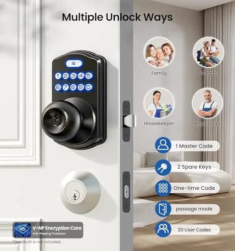 Veise KS03 Keypad Door Knob with Handle | Keyless Entry Lock, Matte Black, 20 User Codes, Auto-Lock, Waterproof thumbnail 2