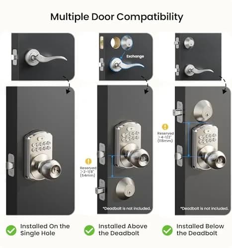 Veise KS03 Keypad Door Knob | Keyless Entry Lock with Handle, Satin Nickel, US Standard thumbnail 7