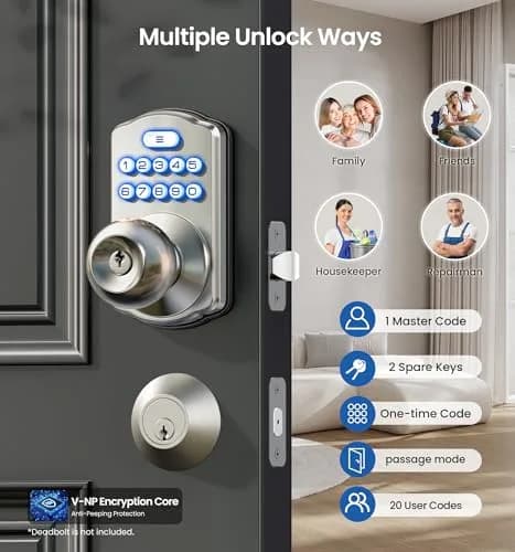 Veise KS03 Keypad Door Knob | Keyless Entry Lock with Handle, Satin Nickel, US Standard thumbnail 2