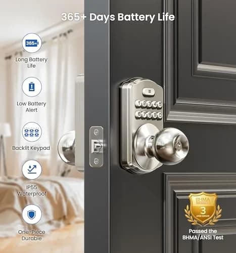 Veise KS03 Keypad Door Knob | Keyless Entry Lock with Handle, Satin Nickel, US Standard thumbnail 3