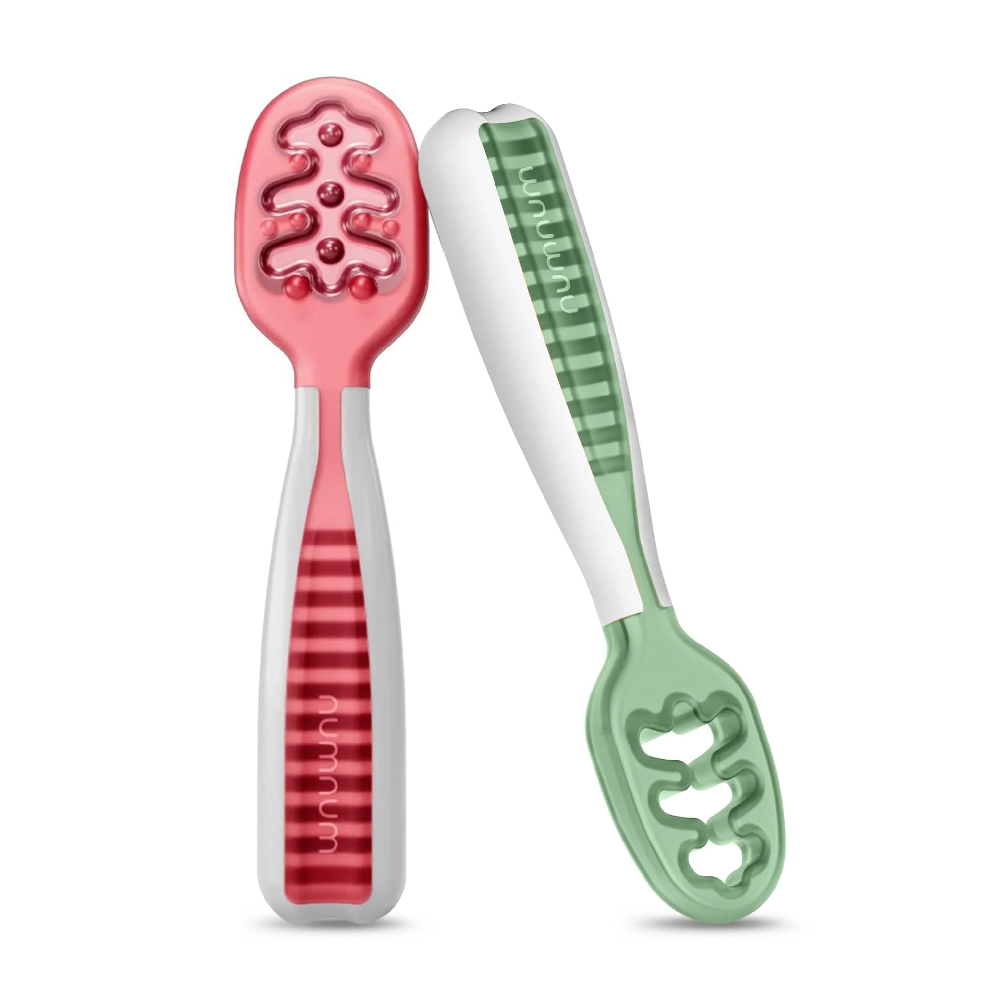 NumNum Baby Spoons Self Feeding 6 Months, 2-Pack Red/Green | Pediatric OT Recommended for Baby-Led Weaning