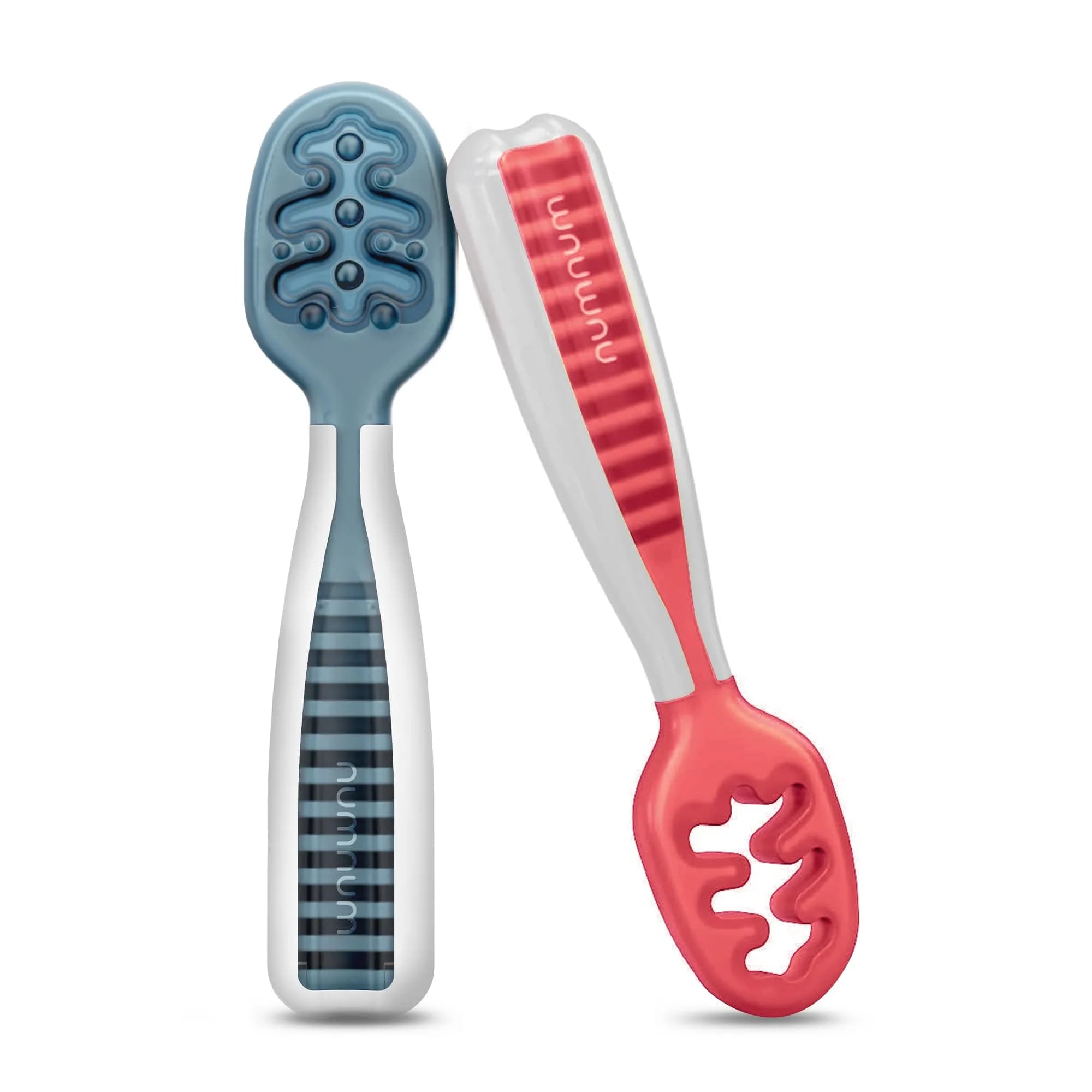 NumNum Baby Spoons Self Feeding 6 Months, 2-Pack Blue/Red | Pediatric OT Recommended for Baby Led Weaning