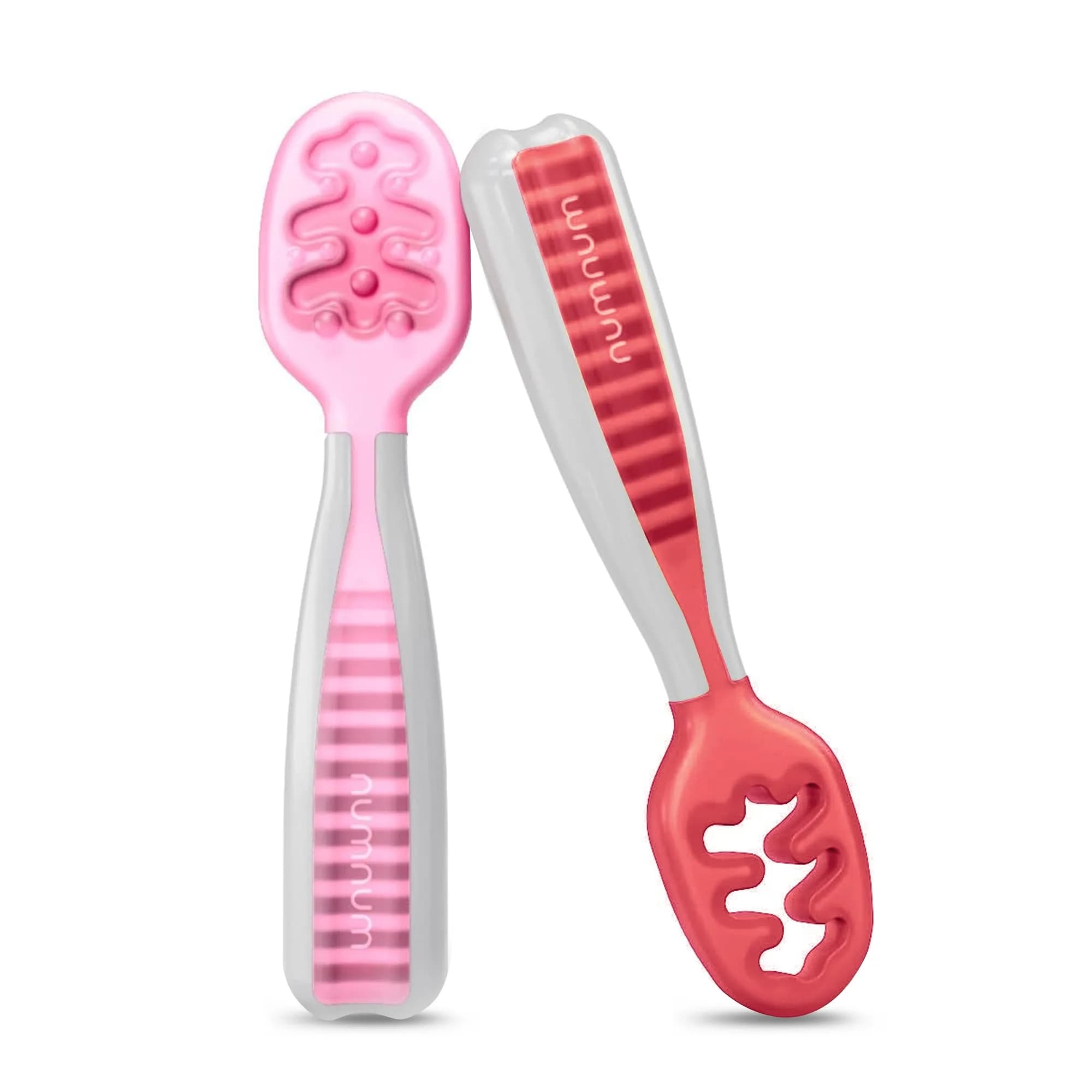 NumNum Baby Spoons Self Feeding 6 Months, 2-Pack Red/Pink | Pediatric OT Recommended for Baby Led Weaning