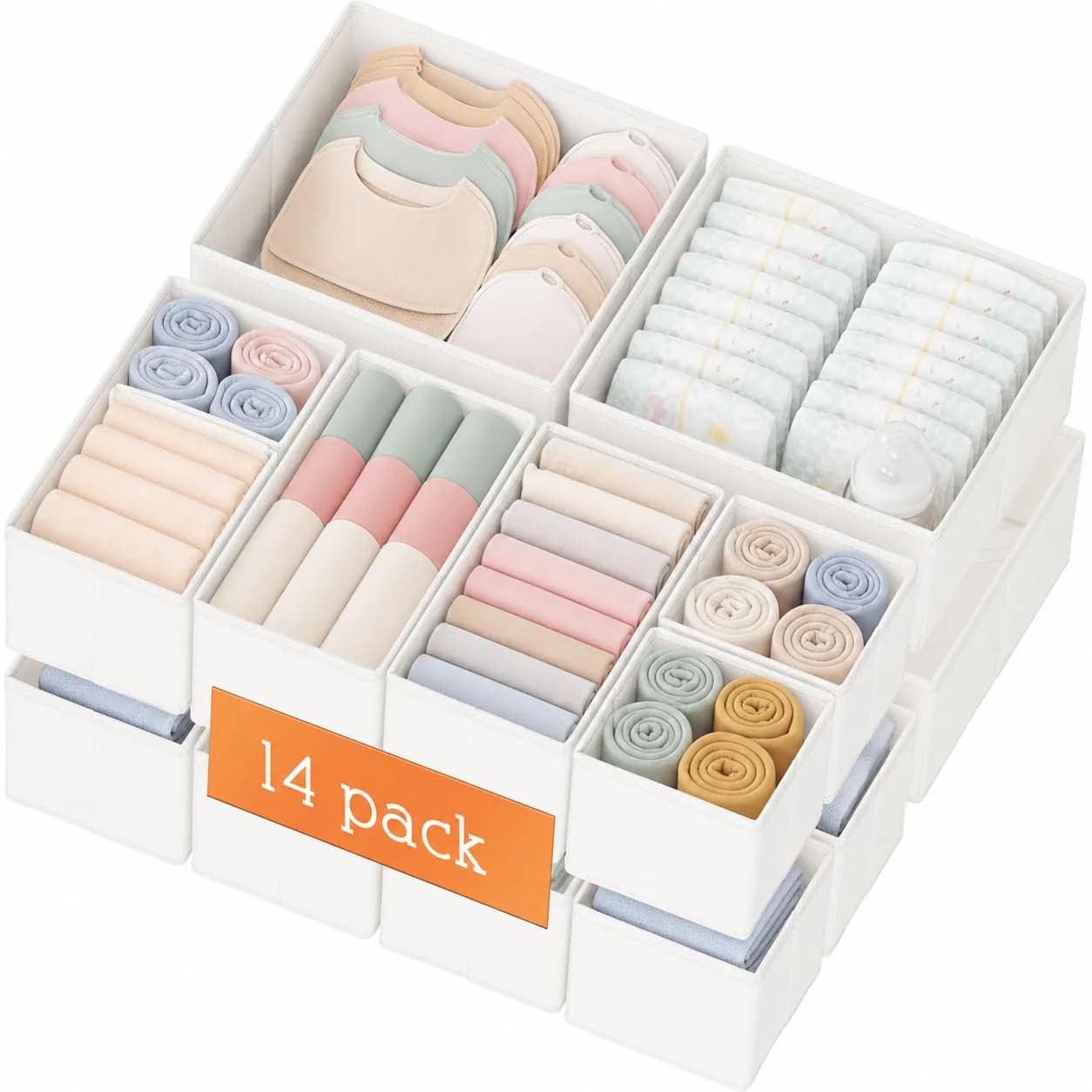 Criusia White 14 Pack Drawer Organizer Caddy | Lightweight Foldable Closet Storage Dividers for Baby Clothes, Underwear, Socks - main product image