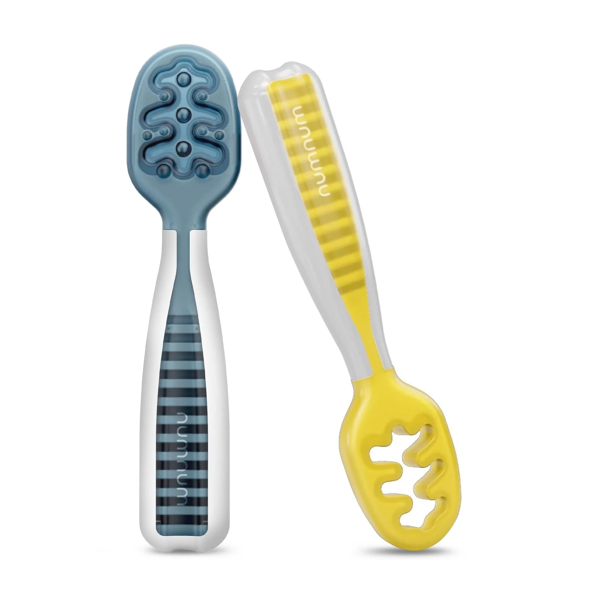 NumNum Baby Spoons Self Feeding 6 Months, 2-Pack Blue/Yellow | Pediatric OT Recommended for Baby-Led Weaning