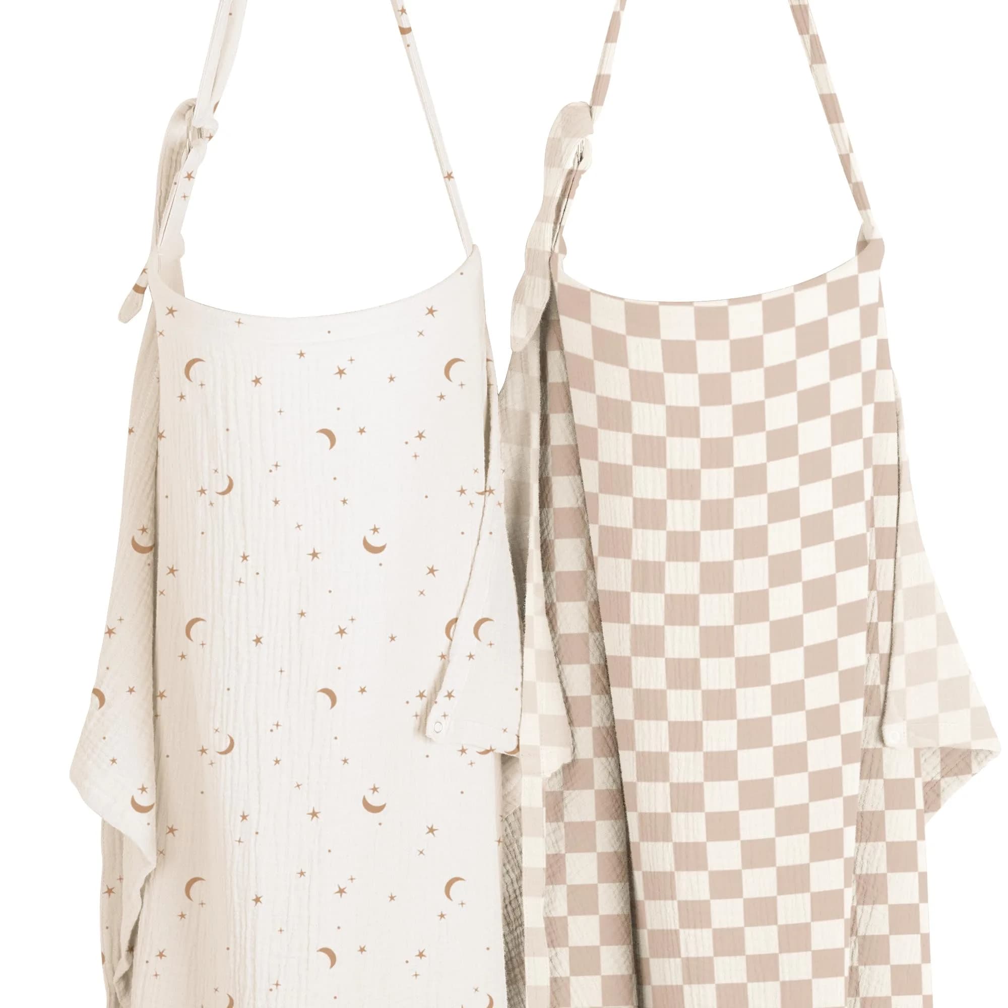 Konssy 2-Pack Muslin Nursing Cover Up with Rigid Hoop | 100% Cotton, Breathable, Adjustable Fit — Coffee Check,Moon