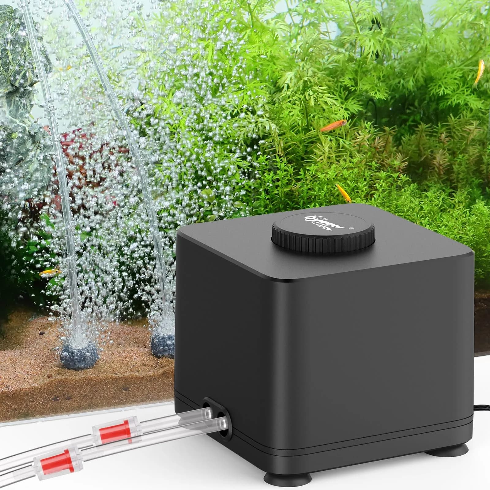 hygger Quiet Adjustable Aquarium Air Pump 4W Dual Outlet with Air Stones & Check Valves | 360 L/H (95 GPH) x 2 - main product image