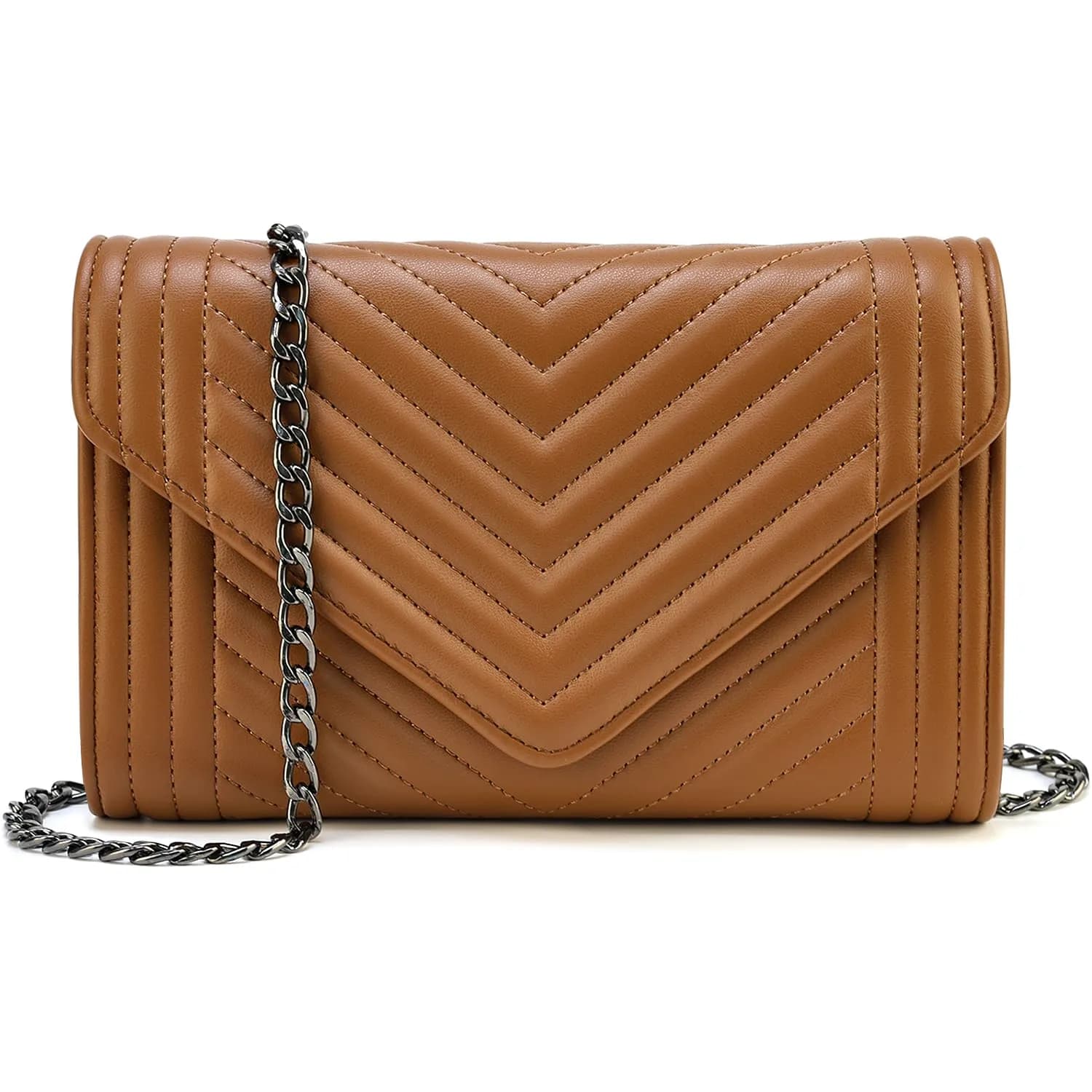 Voikukka Small Brown Leather Crossbody Purse for Women | Quilted Faux Leather with Chain Strap