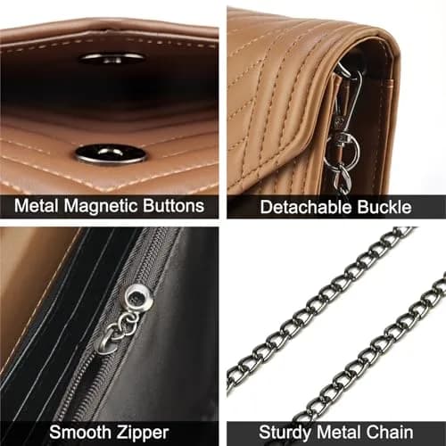 Voikukka Small Brown Leather Crossbody Purse for Women | Quilted Faux Leather with Chain Strap thumbnail 5