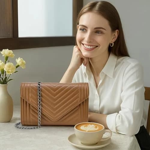 Voikukka Small Brown Leather Crossbody Purse for Women | Quilted Faux Leather with Chain Strap thumbnail 9