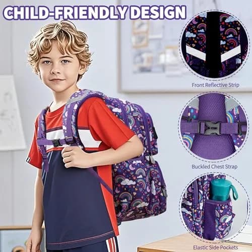 FYHMDC Kids Backpack for Girls,3Pcs Waterproof Toddler Backpacks with Lunch Box & Pencil Pouch - Lightweight School Backpack Purple Bookbag for Ages 3+ Elementary Middle School Teens - Rainbow | Water-Resistant & Spacious thumbnail 6