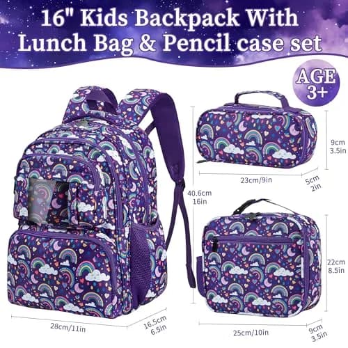 FYHMDC Kids Backpack for Girls,3Pcs Waterproof Toddler Backpacks with Lunch Box & Pencil Pouch - Lightweight School Backpack Purple Bookbag for Ages 3+ Elementary Middle School Teens - Rainbow | Water-Resistant & Spacious thumbnail 2