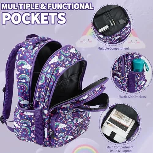 FYHMDC Kids Backpack for Girls,3Pcs Waterproof Toddler Backpacks with Lunch Box & Pencil Pouch - Lightweight School Backpack Purple Bookbag for Ages 3+ Elementary Middle School Teens - Rainbow | Water-Resistant & Spacious thumbnail 3