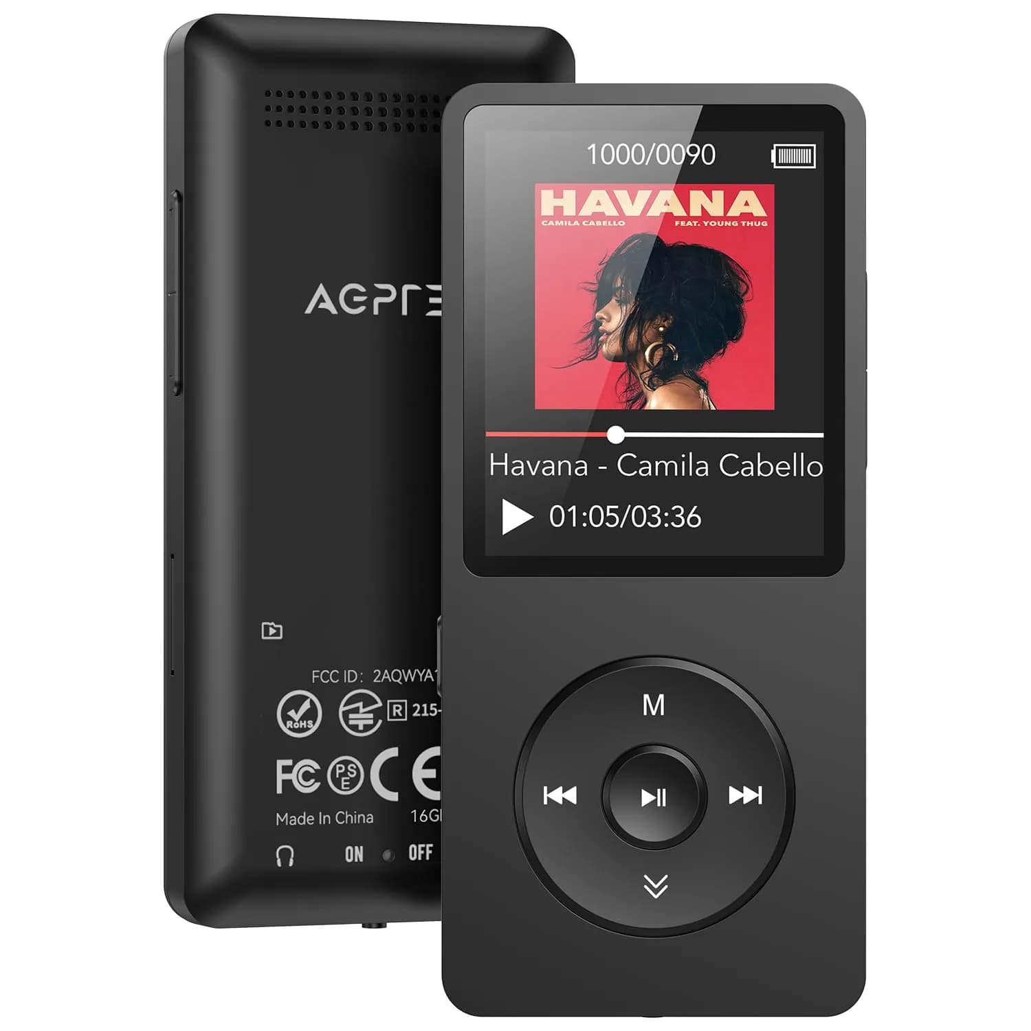 AGPTEK A02 MP3 Player 32GB (1.8 inch Screen, Bluetooth 5.3) | Portable Music Player with Speaker & FM Radio — Black / 64GB