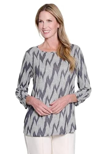 MULTIPLES Women's Tunic 1X | Grey Print Dressy & Casual, Scoop Neck, 3/4 Sleeve, Zip Pocket (70-120c) thumbnail 1