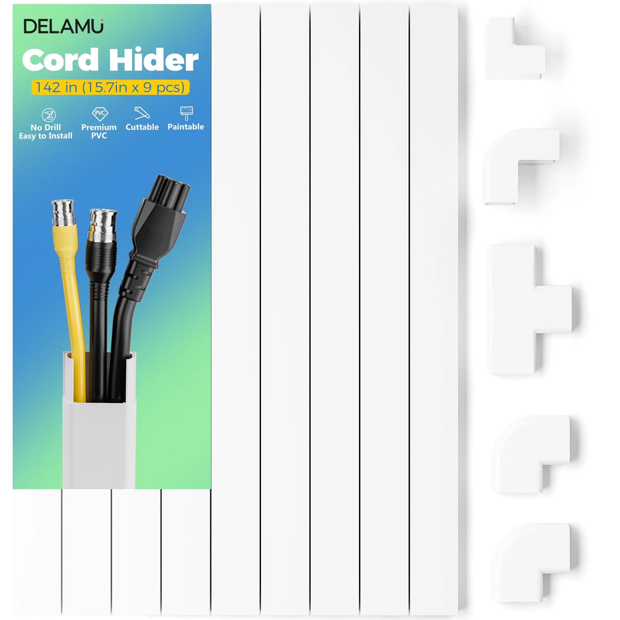 Delamu Black Cord Hider Cable Raceway Kit 142in (360.68 cm) | UL94 V-0 Rated for Safety — White / 142in L X 0.94in W X 0.47in H