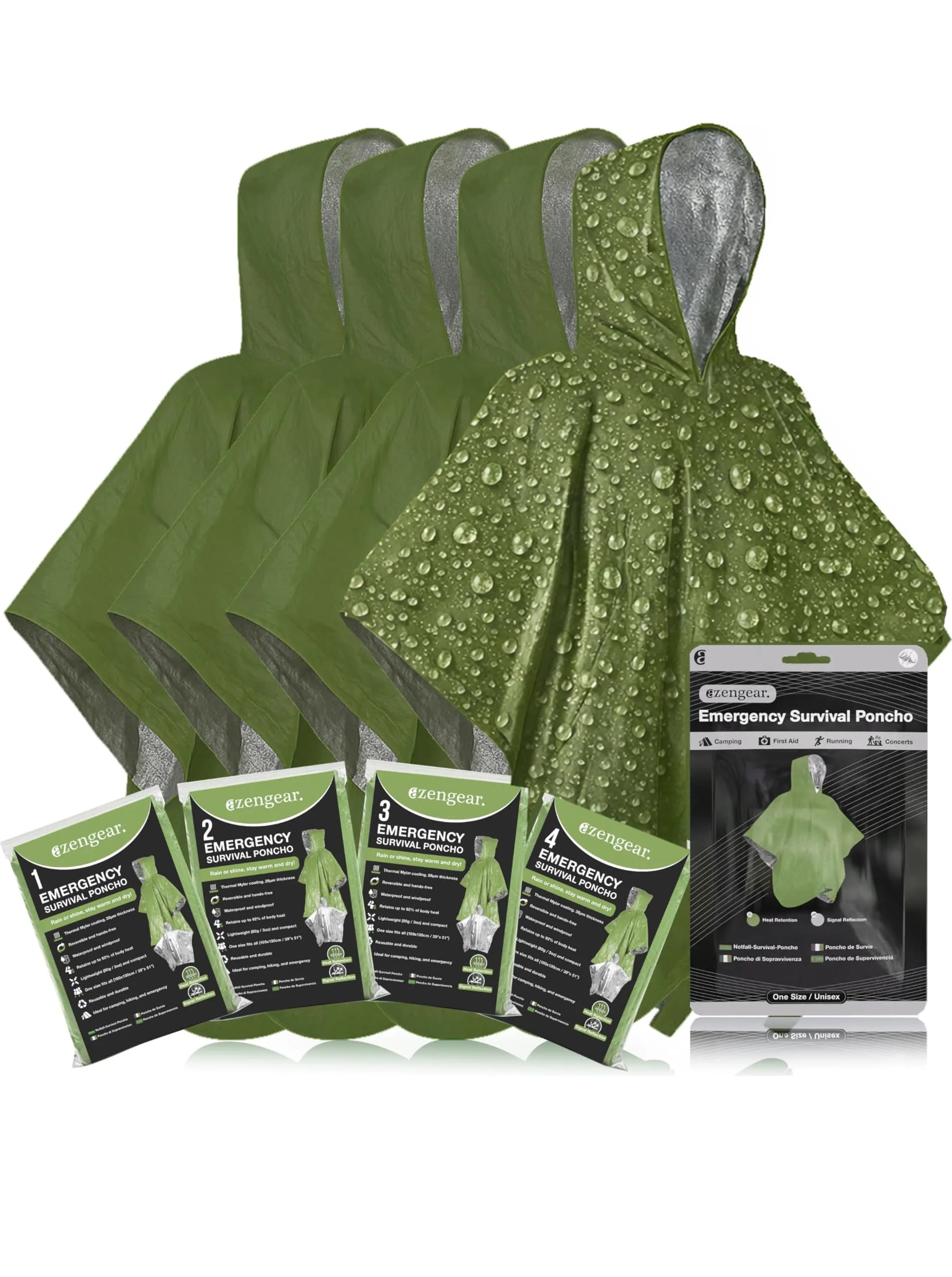 aZengear Emergency Survival Foil Poncho 4 Pack | Reversible Thermal Mylar Orange — Green