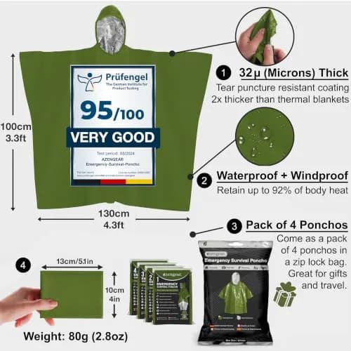 aZengear Emergency Survival Foil Poncho 4 Pack | Thermal Mylar Green Hooded Poncho for Camping & Hiking thumbnail 2