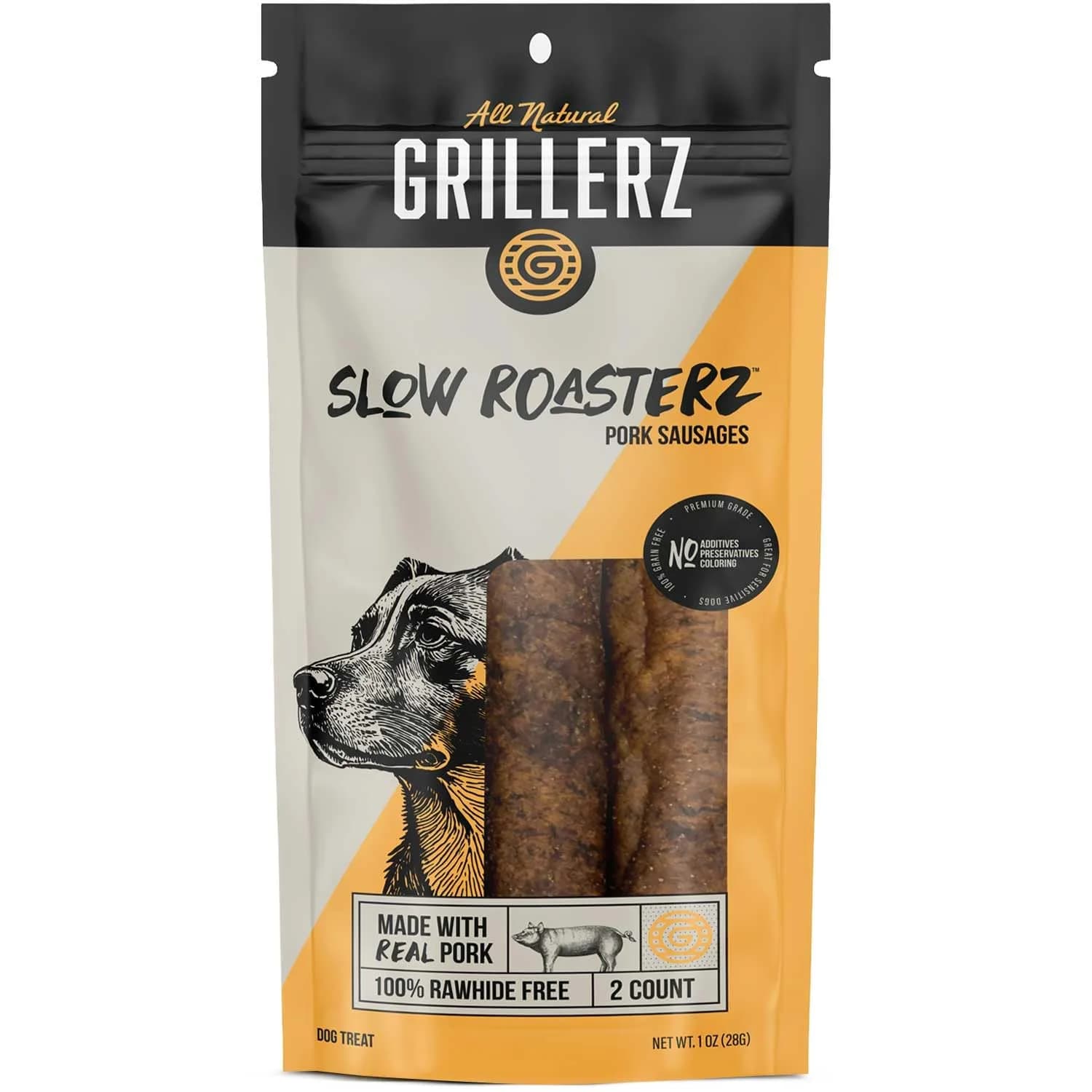 Grillerz Slow Roasterz Pork Sausages 2 Count | Rawhide-Free, High-Protein, USA-Imported — Roll