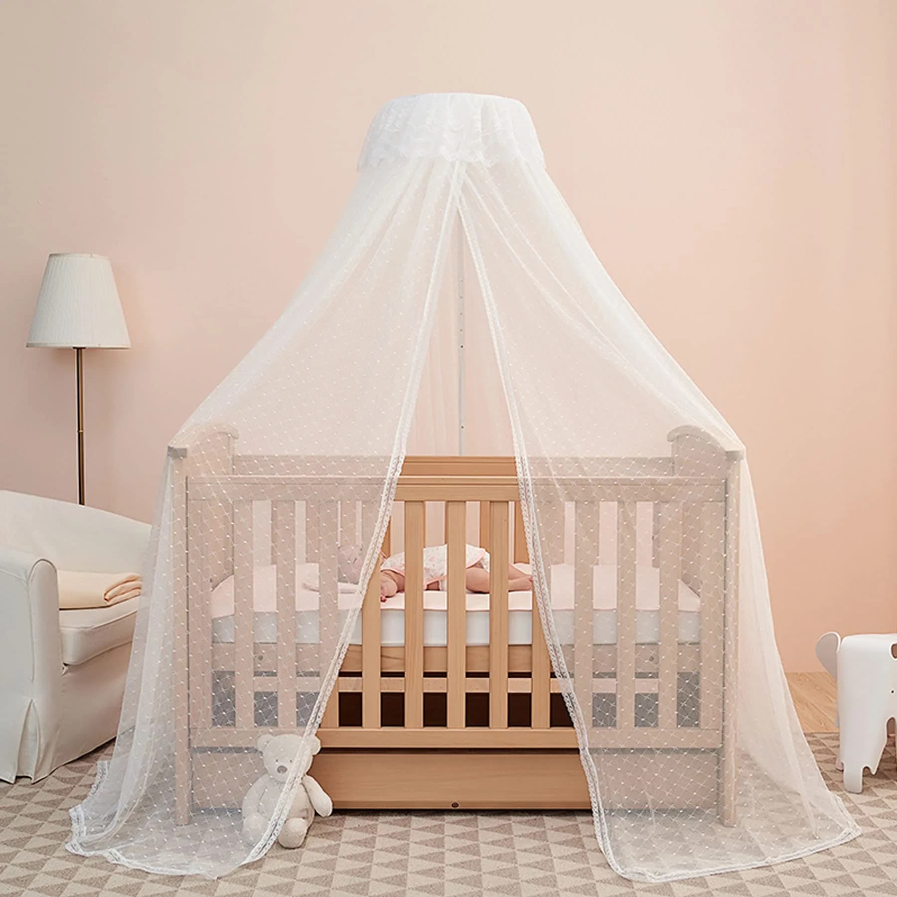HanYun White Baby Crib Canopy with Stand Rod | Breathable Mesh for Nursery & Outdoor Decor - main product image