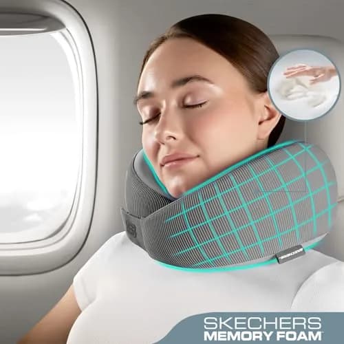Skechers Memory Foam Neck Pillow Grey | Breathable & Ergonomic Travel Support thumbnail 2