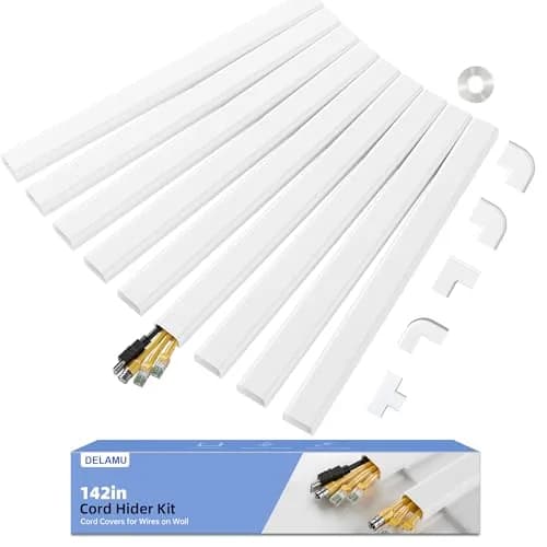 Delamu Large 142in White Cable Raceway Kit | Accommodates 3-4 Cables, Paintable & Cuttable for Wall Mounting thumbnail 1