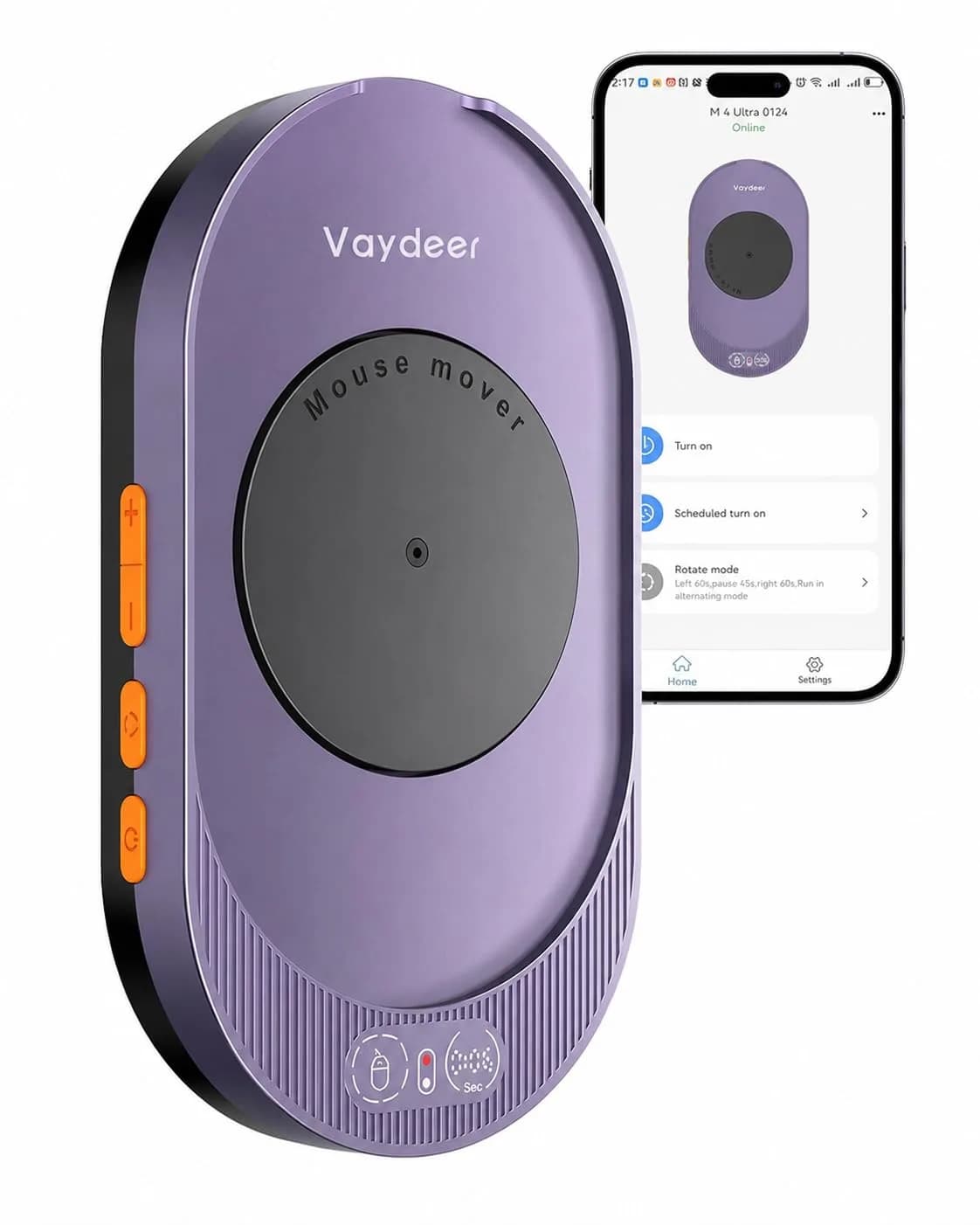 Vaydeer Mouse Jiggler Mover with Switch & USB Port 130mm (5.12 inches) | Keeps Computer Awake — Dark Purple / App + Button Control