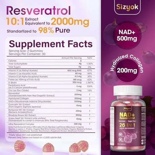 Sizyok NAD Resveratrol Gummies 60 Count | Sugar-Free Collagen & Antioxidant Support for Women thumbnail 2