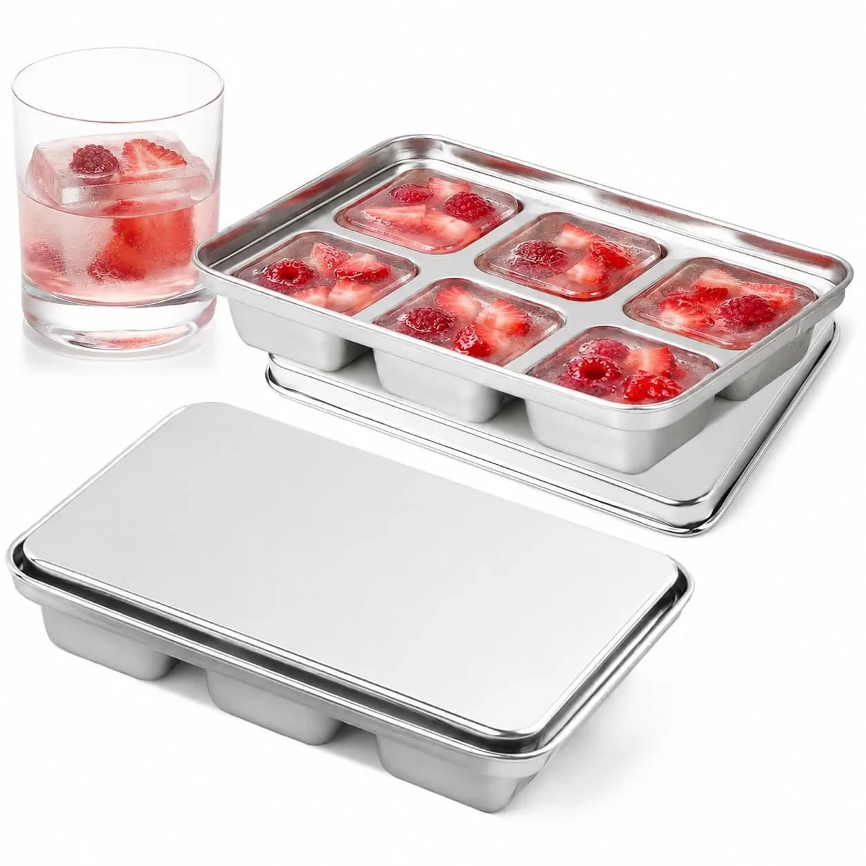 GLENDAVENY Stainless Steel Ice Cube Tray with Lid, 2 Pack 12 Large Cubes, 7.3in x 4.9in x 1.4in (18.5cm x 12.4cm x 3.6cm) | Fast Freezing Metal Ice Mold for Cocktails - main product image