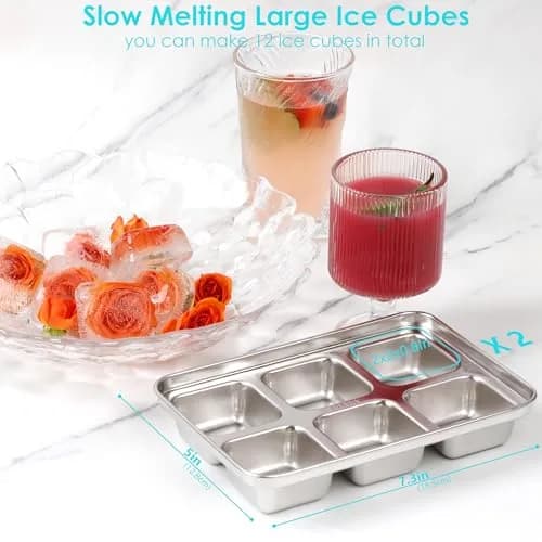 GLENDAVENY Stainless Steel Ice Cube Tray with Lid, 2 Pack 12 Large Cubes, 7.3in x 4.9in x 1.4in (18.5cm x 12.4cm x 3.6cm) | Fast Freezing Metal Ice Mold for Cocktails thumbnail 3