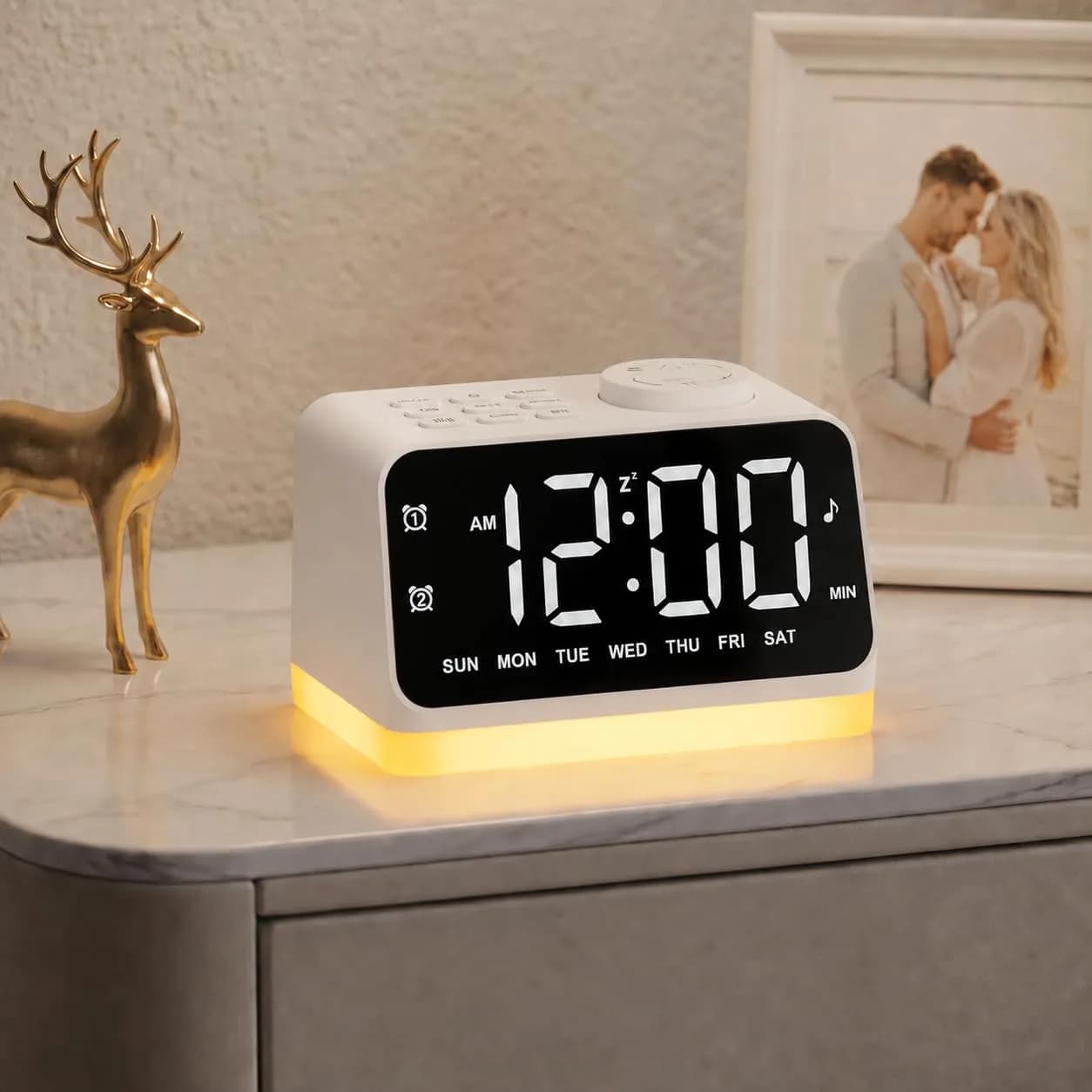 JALL Digital Alarm Clock with FM Radio, 8 Colors Night Light, Dual Alarm, Loud Alarm, Seniors Gift | Easy to Use, Compact — White With White Font