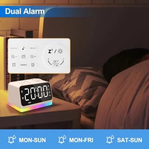 JALL Digital Alarm Clock with FM Radio, 8 Colors Night Light, Dual Alarm, Timer, USB Charging, Large Display (White with White Font) thumbnail 4